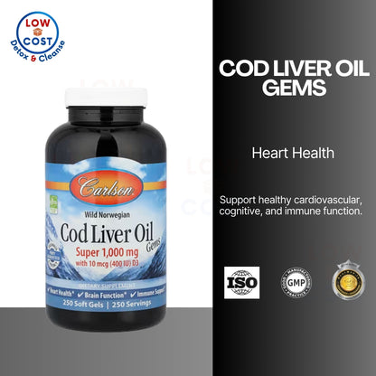 LowCostPH | Carlson, Wild Norwegian, Cod Liver Oil Gems, 1,000 mg, Softgels, Liquid Lemon500ml