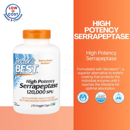 LowCostPH | Doctor's Best, Serrapeptase, 40,000 SPU, 120,000SPU/90 Veggie Caps for Sinus Health