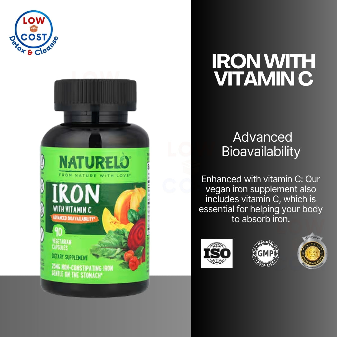 LowCostPH | NATURELO Vegan Iron Supplement with Vitamin C and Organic Whole Foods - 90 veg capsules