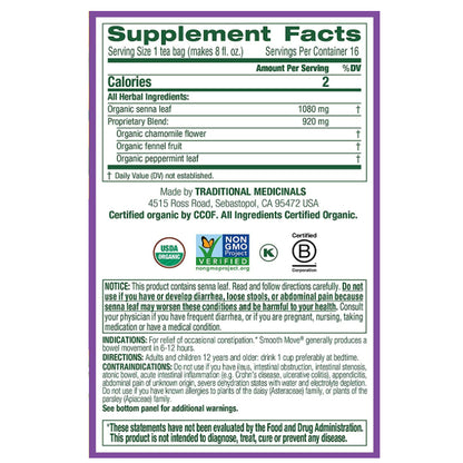 USAOnhand| Traditional Medicinals, Organic Smooth Move, Senna Chamomile, Caffeine Free, 16 Wrapped T