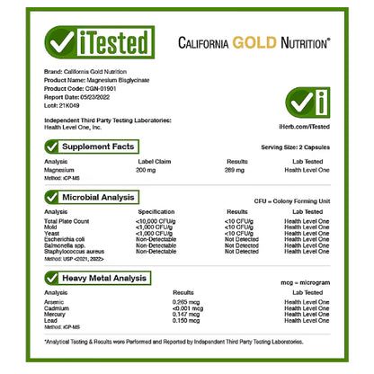 LowCostPh | California Gold Nutrition, Magnesium Bisglycinate, Albion TRAACS®, 100 mg, 60 Veggie Cap
