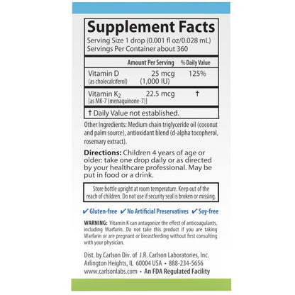 LowCostPh | Carlson, Kid's, Super Daily D3+K2, 25 mcg (1,000 IU) & 22.5 mcg, 0.34 fl oz (10.16 ml)