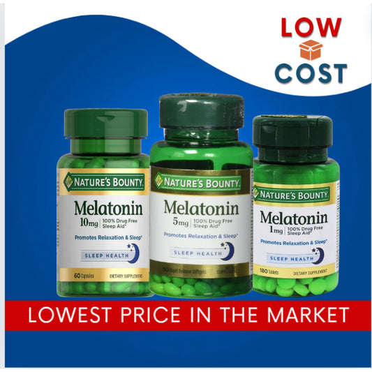 LowCostPh | Nature's Bounty, Melatonin, 1 mg, 3mg, 5mg, 10mg 100% Drug Free SleepAid, for Vegetarian