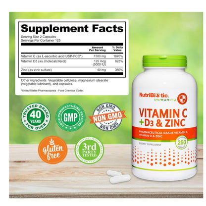 LowCostPh | NutriBiotic, Immunity, Vitamin C + D3 & Zinc, 250 Capsules| SodiumAscorbate