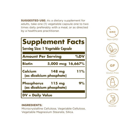 USA Onhand | Solgar, Biotin, 5,000 mcg ( Skin, Nails & Hair Support )