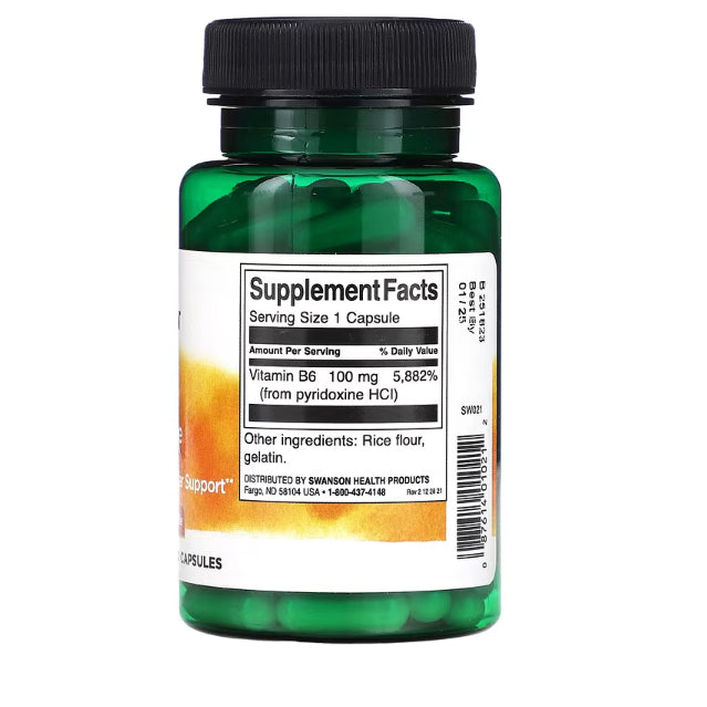 Swanson Ph | Swanson, B6 Pyridoxine, 100 mg, 100 Capsules Energy and Cardiovascular Support