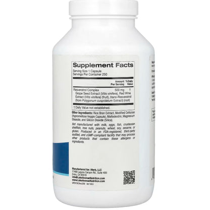 LowCost PH| Lake Avenue Nutrition, Resveratrol Complex, 500 mg, 250 Veggie Capsules