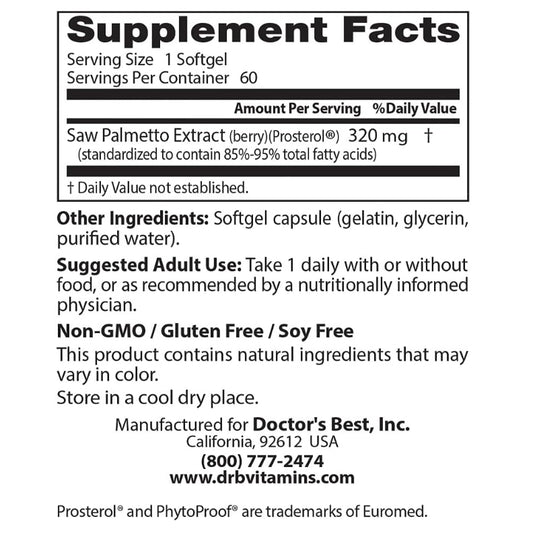 LowCostPH| Doctor's Best, Palmetto, Standardized Extract, 320 mg, 60 Softgels
