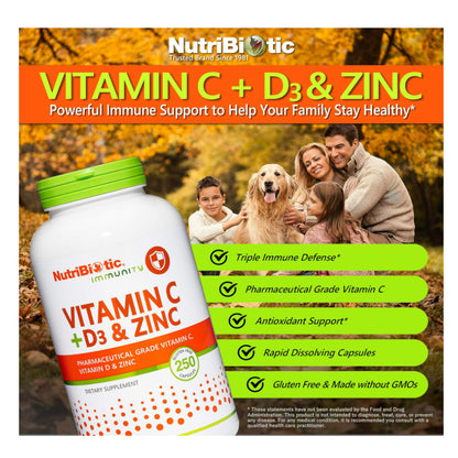 LowCostPh | NutriBiotic, Immunity, Vitamin C + D3 & Zinc, 250 Capsules| SodiumAscorbate