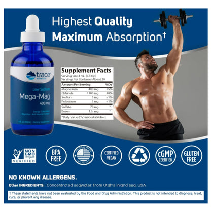 LowCostPH| Trace Minerals ®, Low Sodium Mega-Mag, 400 mg, 4 fl oz (118 ml)