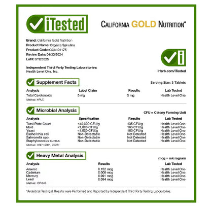 LowCostPH| California Gold Nutrition, Organic Spirulina, 1,500 mg, 60 Tablets (500 mg per Tablet)