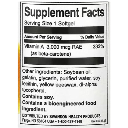 Swanson Ph | Swanson, Beta Carotene, 10,000 IU (3,000 mcg RAE), 250 Softgels. Eye and Vision Health