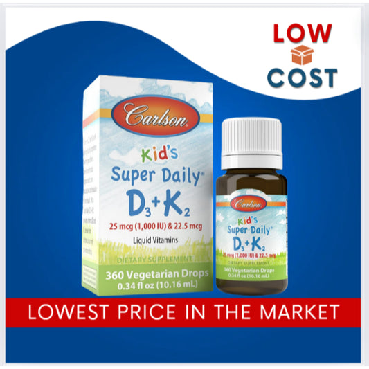 LowCostPh | Carlson, Kid's, Super Daily D3+K2, 25 mcg (1,000 IU) & 22.5 mcg, 0.34 fl oz (10.16 ml)