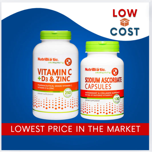 LowCostPh | NutriBiotic, Immunity, Vitamin C + D3 & Zinc, 250 Capsules| SodiumAscorbate
