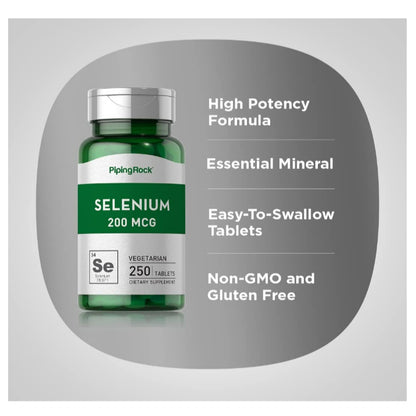 LowCost PH| Piping Rock Selenium 200mcg Supplement | 250 Tablets | Vegetarian, Non-GMO, Gluten Free