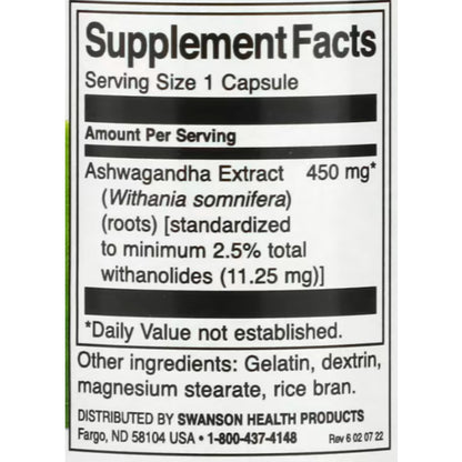 SwanonPh| Swanson, Full Spectrum, Ultimate 250mg, Ashwagandha Extract, 450mg, Capsule Stress Support