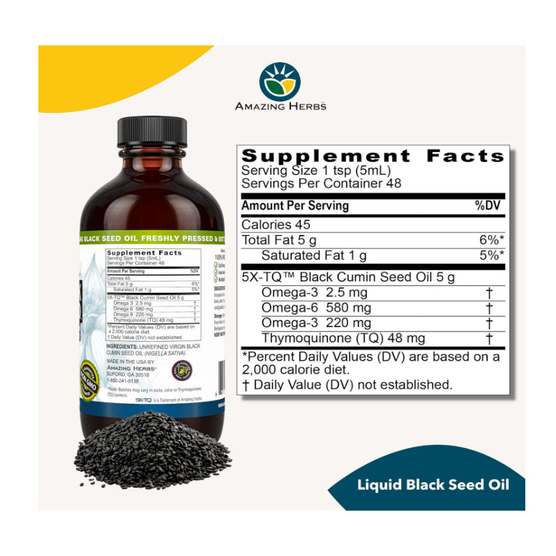 USAOnhand| Amazing Herbs, Black Seed, 100% Pure Cold-Pressed Black Cumin Seed Oil, 4 fl oz (120 ml)