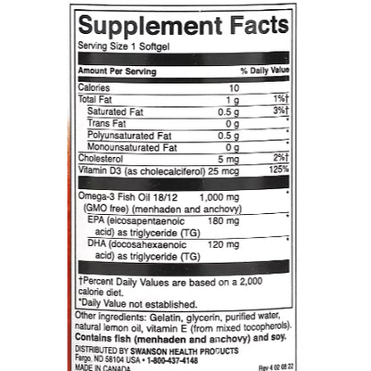 LowCostPH| Swanson, Omega-3 Fish Oil with Vitamin D, Lemon, 1,000 mg, 60 Softgels