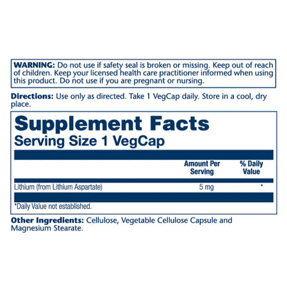 LowCostPH | Solaray, Lithium Aspartate, 5 mg, 100 Vegcaps Mood Support Lab Verified Supplements