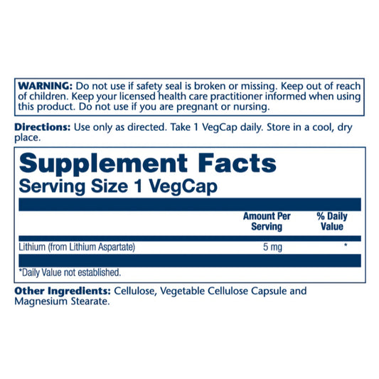 LowCostPH | Solaray, Lithium Aspartate, 5 mg, 100 Vegcaps Mood Support Lab Verified Supplements