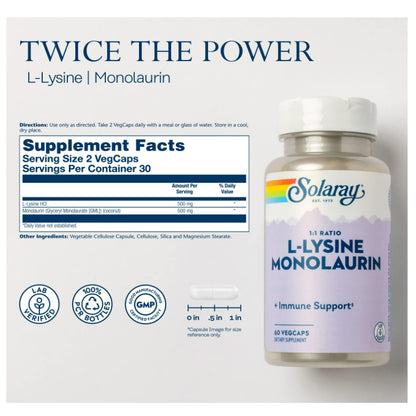 LowCostPh | Solaray, L-Lysine Monolaurin 1:1 Ratio, 60 VegCaps Immune Support Lab Verified