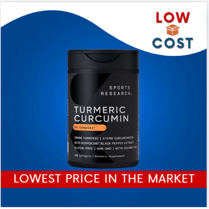 LowCost PH| Sports Research, Turmeric Curcumin, C3 Complex 500mg, Bioperine Black Pepper Extract 120