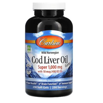 LowCostPh | Carlson, Wild Norwegian, Cod Liver Oil Gems, 1,000 mg, Softgels, Liquid Lemon500ml
