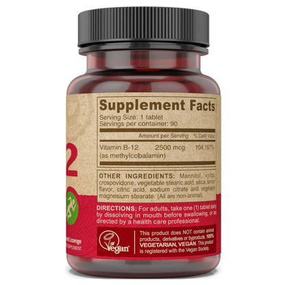LowCost PH| DEVA Vegan Vitamins B-12, High Potency 2500 mcg B12, Fast Dissolve, Sublingual, 90 tabs