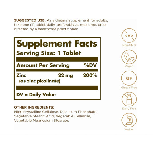 USAOnhand| Solgar, Zinc Picolinate, 22 mg, 100 Tablets