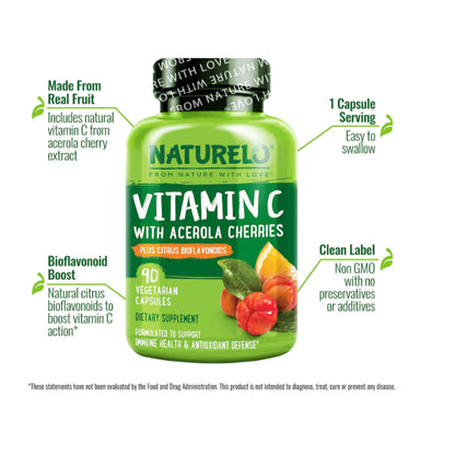 LowCost PH| NATURELO, Vitamin C With Acerola Cherries Plus Citrus Bioflavonoids, 90 Vegetarian Caps
