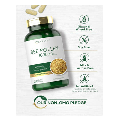LowCost PH| Carlyle Bee Pollen Supplement | 1000mg | 200 Caplets with Royal Jelly and Bee Propolis