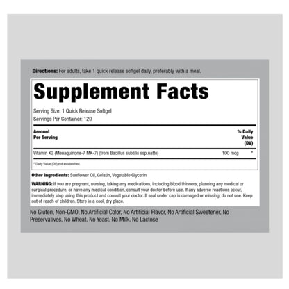 LowCost PH| Piping Rock Vitamin K2 MK-7 | 100 mcg | 120 Softgels | Non-GMO, Gluten Free Supplement