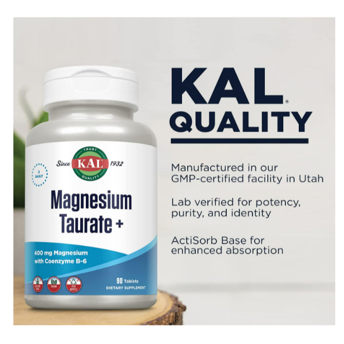 LowCost PH| KAL Magnesium Taurate & Malate 400mg Plus CoEnzyme Vitamin B6, Chelated Magnesium