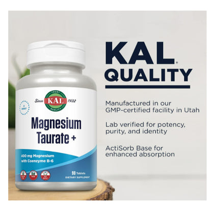 LowCost PH| KAL Magnesium Taurate & Malate 400mg Plus CoEnzyme Vitamin B6, Chelated Magnesium