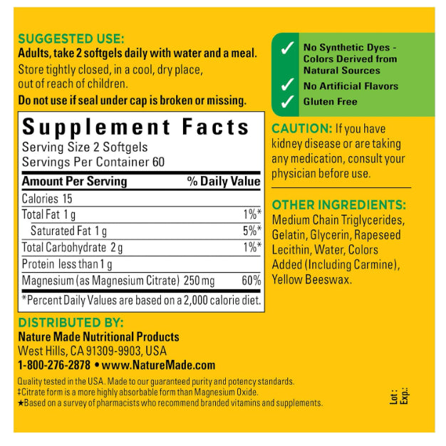 LowCost PH| Nature Made, Magnesium Citrate, 250 mg,120 Softgels 125 per sg Muscle,Nerve,Bone & Heart