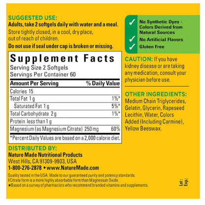 LowCost PH| Nature Made, Magnesium Citrate, 250 mg,120 Softgels 125 per sg Muscle,Nerve,Bone & Heart