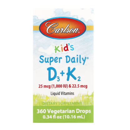 LowCostPh | Carlson, Kid's, Super Daily D3+K2, 25 mcg (1,000 IU) & 22.5 mcg, 0.34 fl oz (10.16 ml)