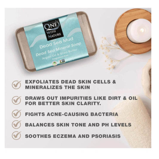 USA Onhand | One with Nature, Dead Sea Mineral Bar Soap, Dead Sea Mud, Fragrance-Free, 7 oz