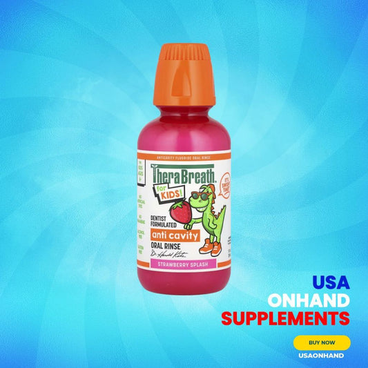 USA Onhand | TheraBreath, For Kids! Anti Cavity Oral Rinse, Ages 6+, Strawberry Splash, 10 fl oz