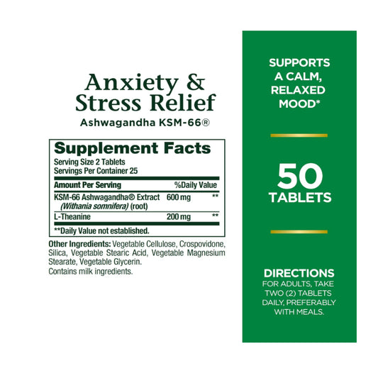 USA Onhand| Nature's Bounty, Anxiety & Stress Relief, Ashwagandha KSM-66, 50 Tablets