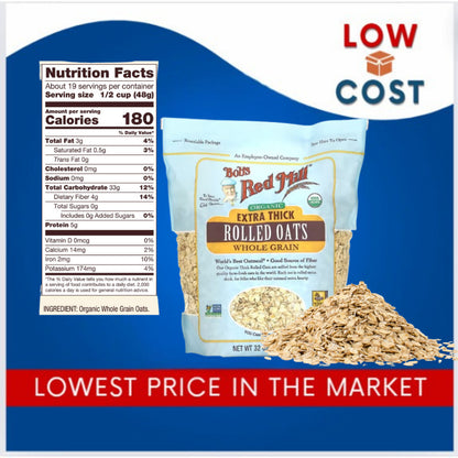 LowCostPh | Bob's Red Mill Organic Extra Thick Rolled Oats 907g, 100% Whole Grain - 45 g, USDA