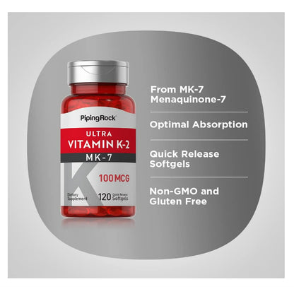 LowCost PH| Piping Rock Vitamin K2 MK-7 | 100 mcg | 120 Softgels | Non-GMO, Gluten Free Supplement
