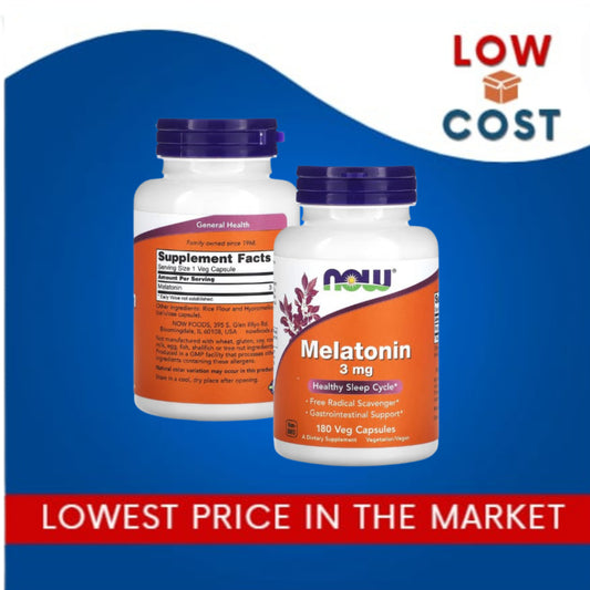 LowCostPh | NOW Foods, Melatonin, 3 mg, 180 Veg Capsules, Healthy Sleep Cycle Free Radical Scavenger