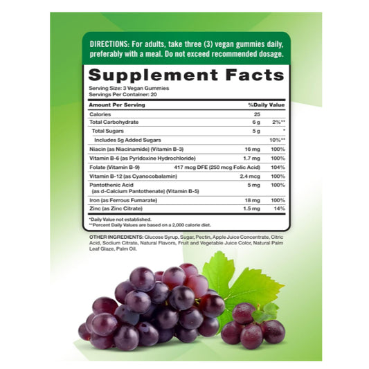LowCost PH| Nature's Truth, Essential Iron + B-Vitamins, Zinc, Natural Grape, 60 Vegan Gummies