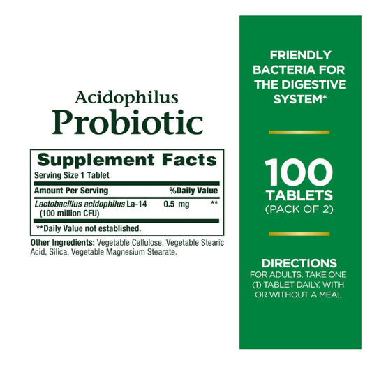 LowCost PH| Nature's Bounty, Acidophilus Probiotic, 0.5 mg, Twin Pack, 100 Tablets Each