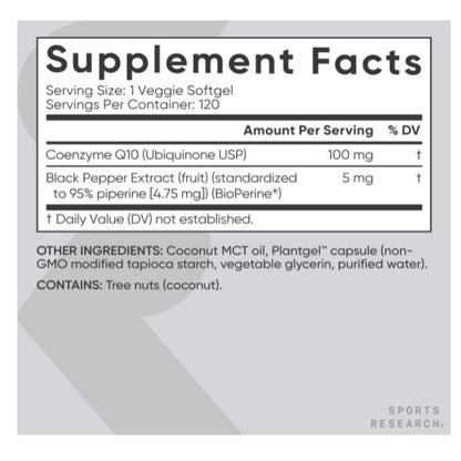 Lowcostph | Sports Research, CoQ10, USP Grade with BioPerine, 100 mg, 120 Veggie Softgels