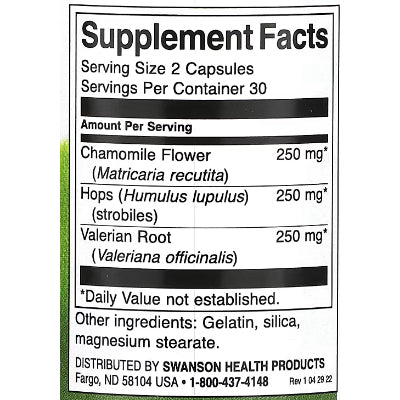 USA Onhand | Swanson, Full Spectrum Valerian, Chamomile & Hops ( Stress Support )