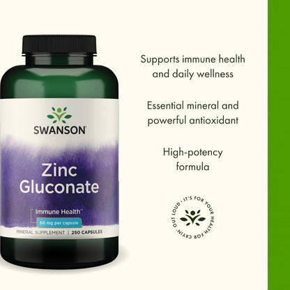 HealthilyYou | Swanson, Zinc Gluconate, 30 mg, Tablets, 50 mg, 250 Capsules, Immune Health