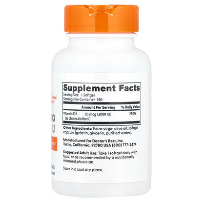USA Supplements | Doctor's Best, Vitamin D3, 2,000 IU, 180 Softgels ( Bone & Teeth Support )