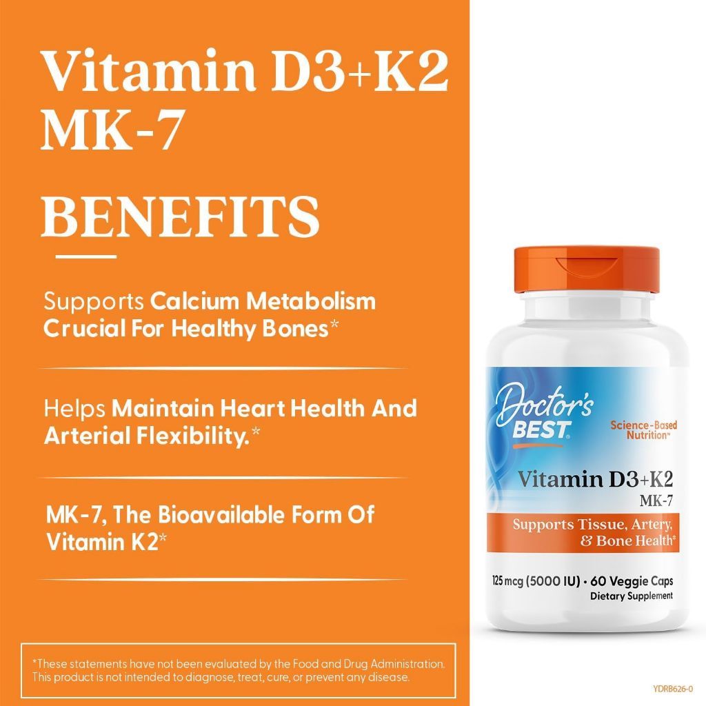 USA Supplements | Doctor's Best, Vitamin D3 + K2, MK-7, 60 Veggie Caps ( Supports Strong Bones )